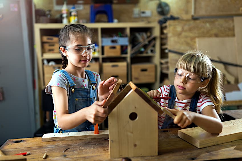 Children Building Wooden Bird House